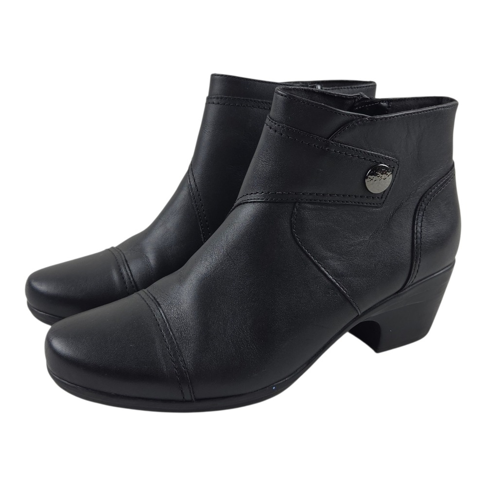 Clarks Emily Calle Black Leather Ankle Boots 9.5 Side Booties Zip Block Heel
